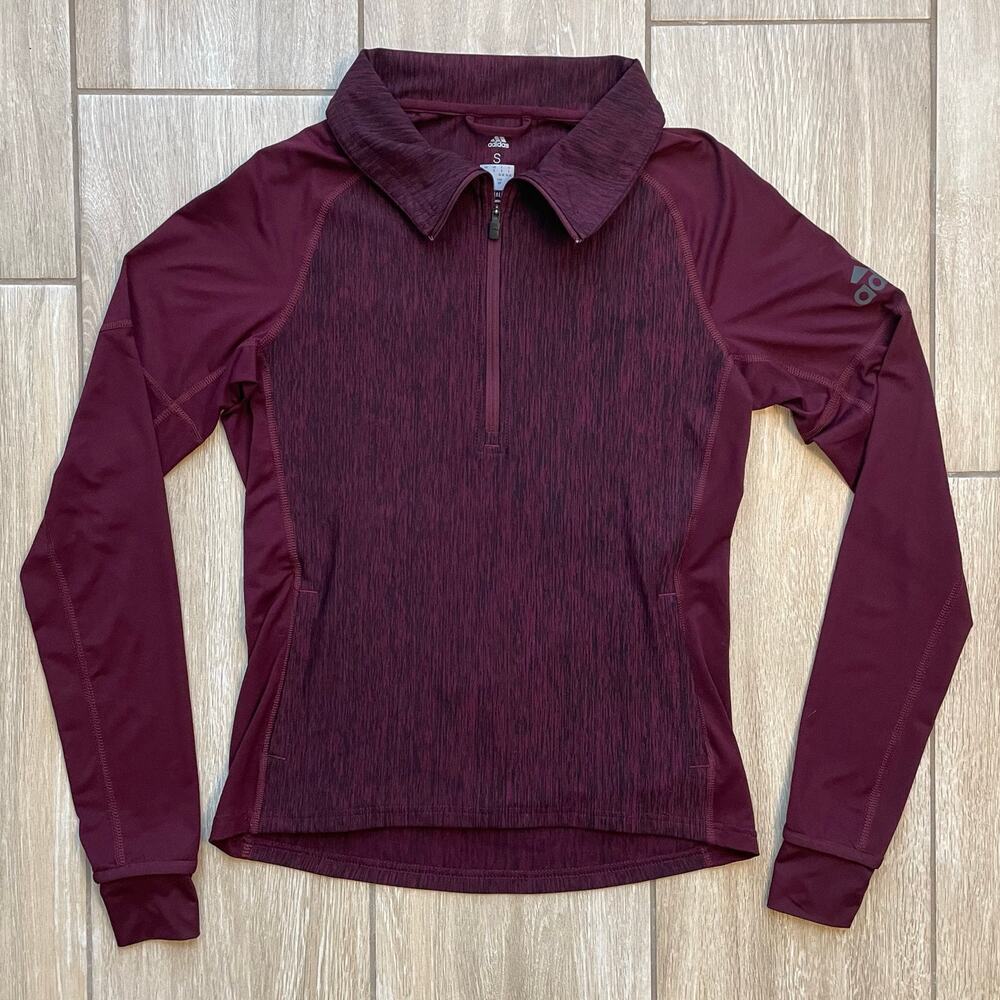 Adidas Climalite Quarter Zip Pullover Womens S Burgundy Thumbholes Running